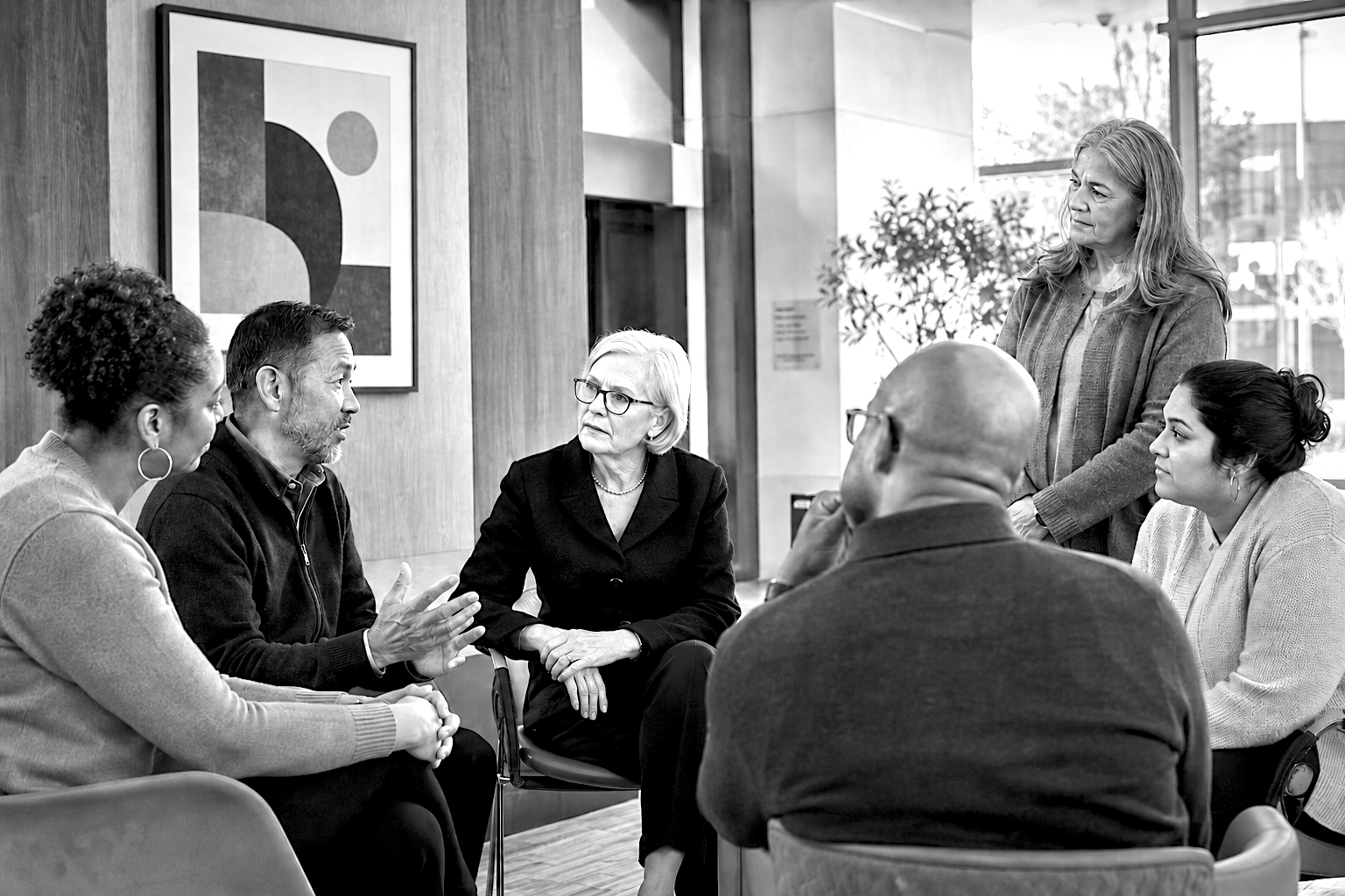 A diverse group of six seated in conversation in a modern community space