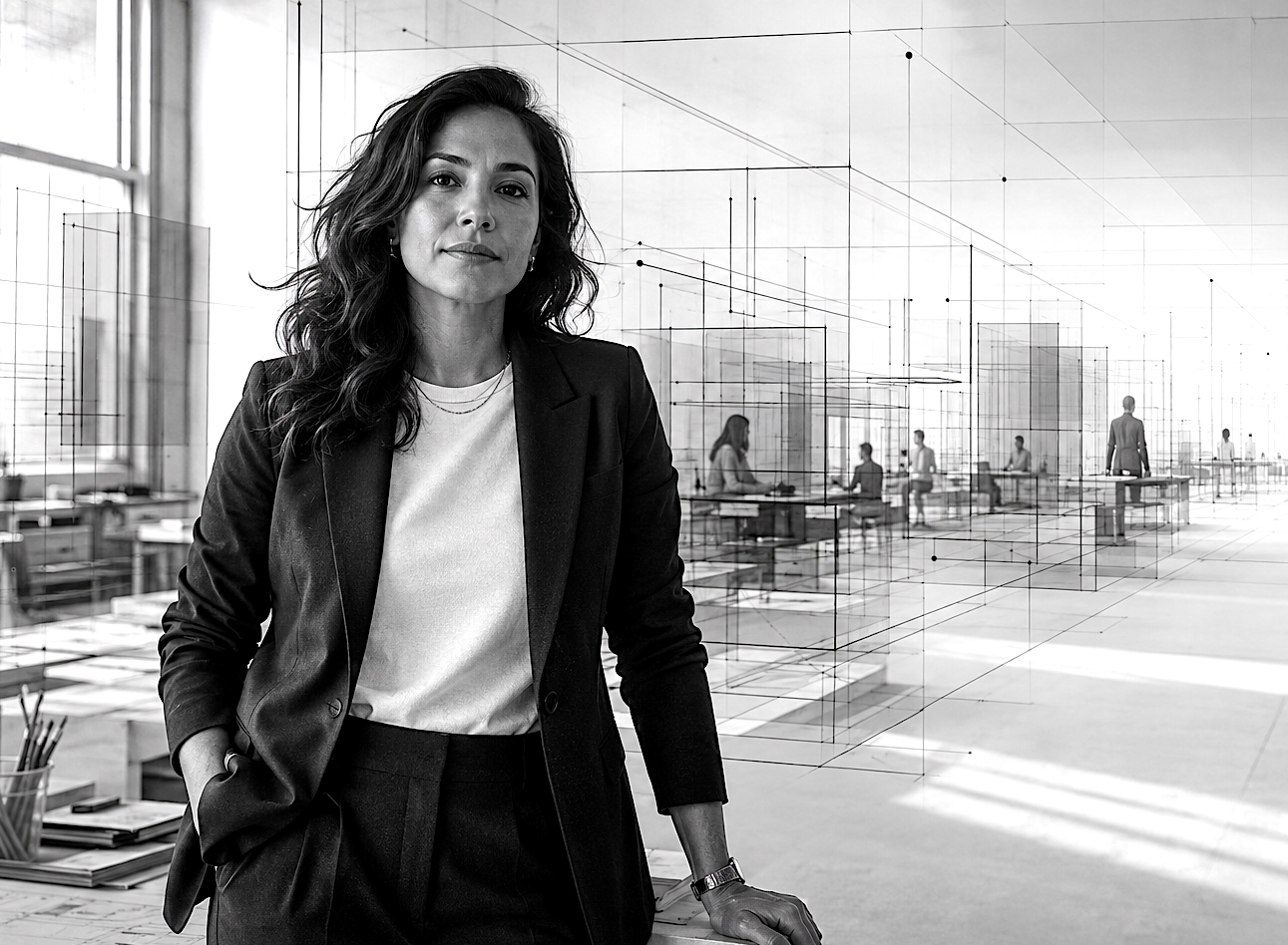 A senior leader standing in a modern studio, with a subtle geometric structural overlay evoking arrangement and composition