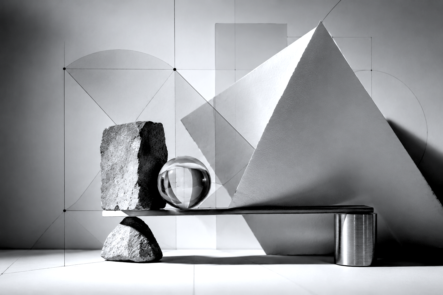 An abstract still-life arrangement of stone, glass, and paper forms with a subtle geometric overlay, illustrating how distinct parts compose into a whole